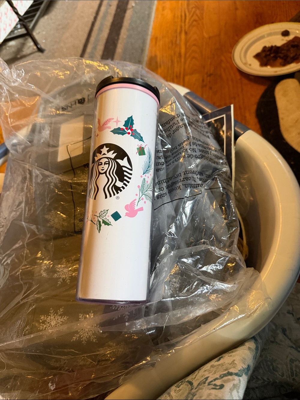Vintage Starbucks White Travel Tumbler with Pink and Green Holiday Motifs